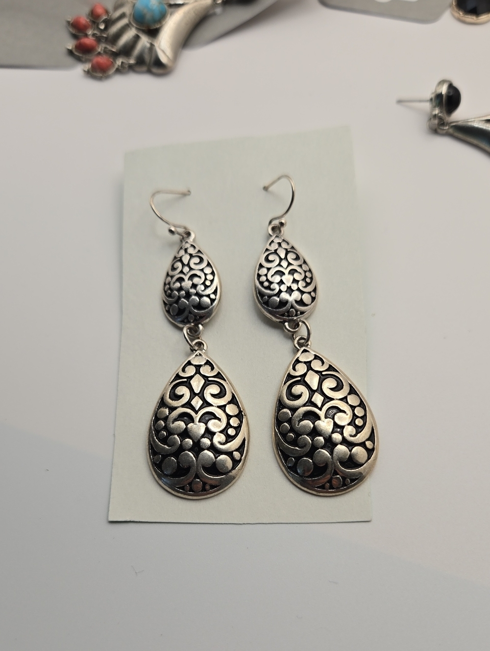 Vintage Silver Tone Filigree Double Teardrop Dangle Earrings